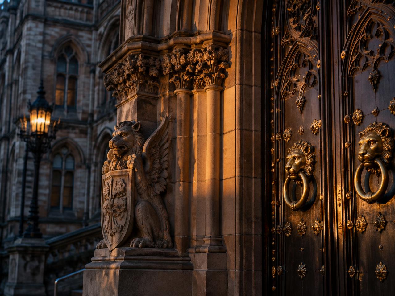 Ornate carved stonework and brass detail of a grand Manchester building